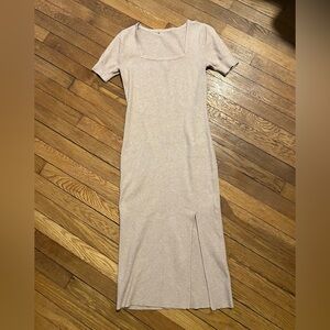 Women's Neutral Beige Short-Sleeve Midi Dress with Side Slit